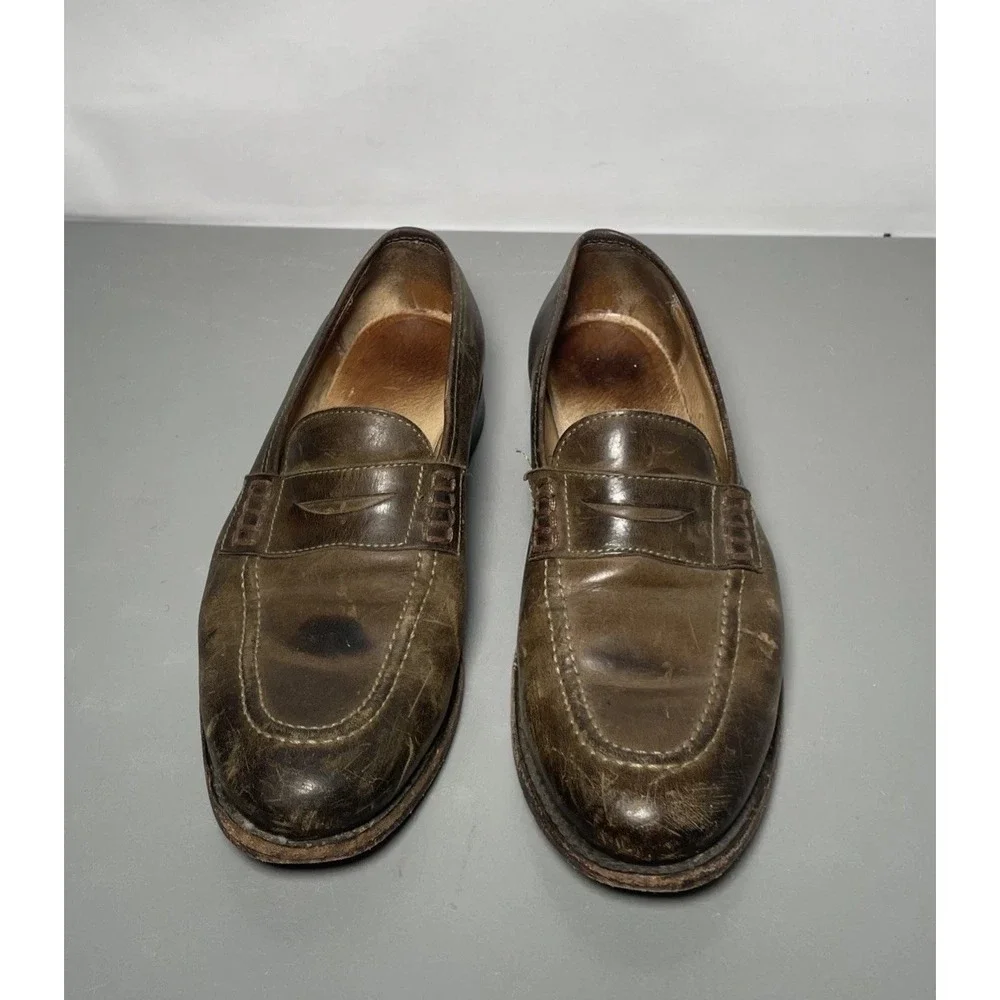 Frye Distressed Oiled Leather Penny Loafers Stacked Heel Men's Size 8.5B
